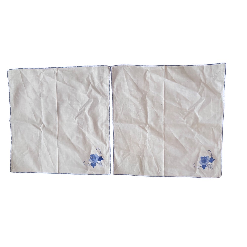Vintage White Linen Napkins Blue Floral Handmade Square Set of 2 15.5x15.5"